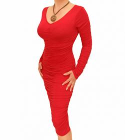 Red Ruched V Neck Dress