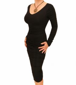 Black Ruched V Neck Dress