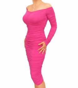 Cerise Pink off the Shoulder Ruched Dress