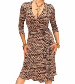 Brown Zig Zag Print Wrap Dress