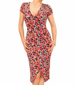 Red Spotty Print Ruched Mock Wrap Dress