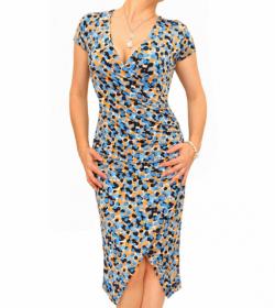 Blue Spotty Print Ruched Mock Wrap Dress