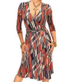 Orange and Navy Blue Printed Collared Wrap Dress