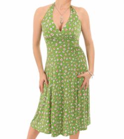 Green Daisy Print Halter Neck Dress