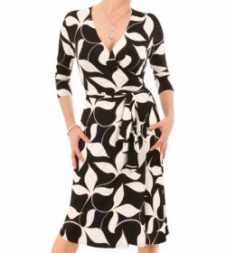 Black and Ivory Leaf Print Wrap Dress