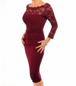 Wine Lace Detail Ruched Dress