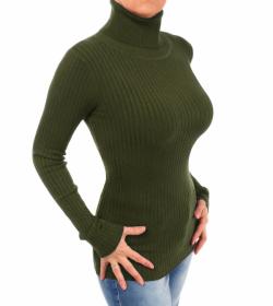 Army Green Ribbed Polo Neck Clingy Jumper