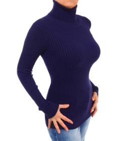 Navy Blue Ribbed Polo Neck Clingy Jumper