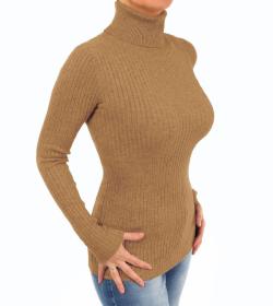 Camel Ribbed Polo Neck Clingy Jumper