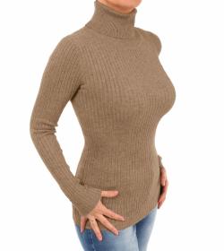 Mocha Ribbed Polo Neck Clingy Jumper