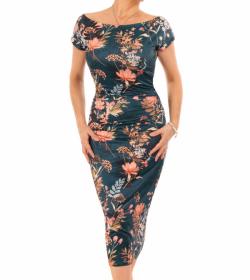 Petrol Blue Floral Ruched Pencil Dress