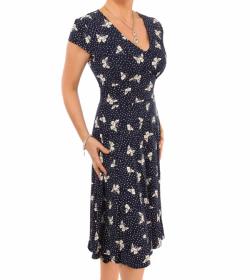 Navy Blue Butterfly Print Fit and Flare Dress 