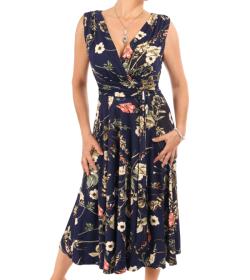 Navy Blue Floral V Neck Fit and Flare Dress