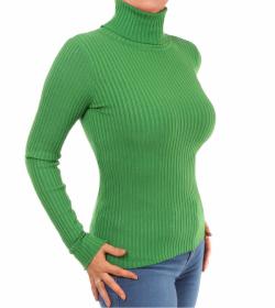 Green Ribbed Polo Neck Clingy Jumper