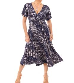 Navy Blue and Ivory Fit & Flare Flutter Sleeve Dress