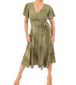 Olive Green and Ivory Fit & Flare Flutter Sleeve Dress
