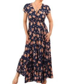 Navy Blue and Tan Printed Button Through Maxi Dress