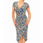 Blue Spotty Print Ruched Mock Wrap Dress