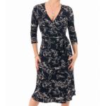 Navy Blue and White Textured Floral Wrap Dress