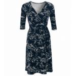 Navy Blue and White Textured Floral Wrap Dress