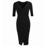 Black Three Quarter Sleeve Mock Wrap Dress