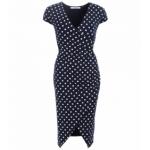 Navy Blue Spot Print Mock Wrap Dress