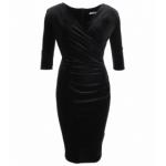 Black Velour V Neck Ruched Dress