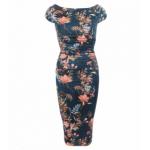 Petrol Blue Floral Ruched Pencil Dress