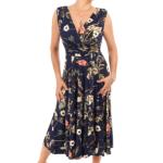 Navy Blue Floral V Neck Fit and Flare Dress