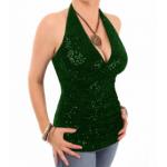 Green Velour Sequin Figure Hugging Halter Top