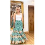 Green and Ivory Paisley Tiered Maxi Skirt
