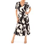 Black and Ivory V Neck Belted Flutter Sleeve Dress
