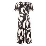 Black and Ivory V Neck Belted Flutter Sleeve Dress