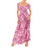 Pink Floral Bardot Shirred Maxi Dress