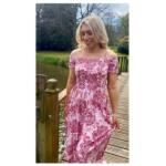 Pink Floral Bardot Shirred Maxi Dress