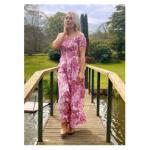 Pink Floral Bardot Shirred Maxi Dress