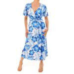 Blue Floral V Neck Belted Flutter Sleeve Dress