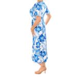 Blue Floral V Neck Belted Flutter Sleeve Dress