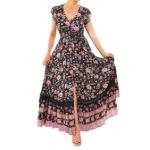Boho Black and Pink Floral Button up Maxi Dress