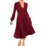 Wine V Neck Fit and Flare Long Sleeve Dress