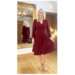 Wine V Neck Fit and Flare Long Sleeve Dress