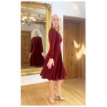 Wine V Neck Fit and Flare Long Sleeve Dress