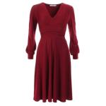 Wine V Neck Fit and Flare Long Sleeve Dress