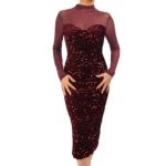 Wine Velvet Sequin and Mesh Midi Dress