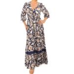Boho Navy and White Floral Button Up Maxi Dress