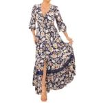 Boho Navy and White Floral Button Up Maxi Dress