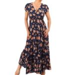 Navy Blue and Tan Printed Button Through Maxi Dress