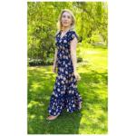 Navy Blue and Tan Printed Button Through Maxi Dress