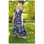 Navy Blue and Tan Printed Button Through Maxi Dress