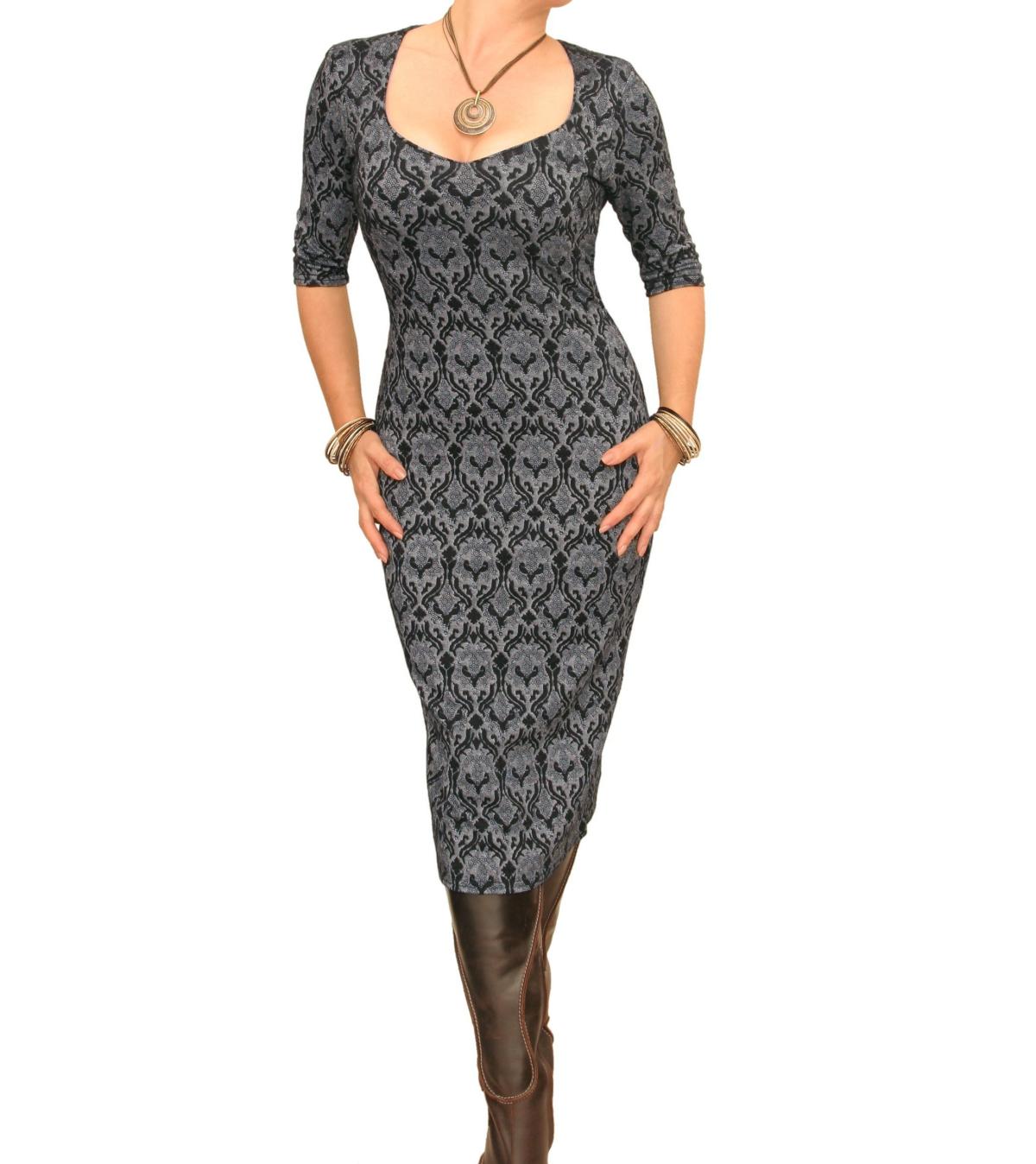 Grey and Black Print Stretch Pencil Dress